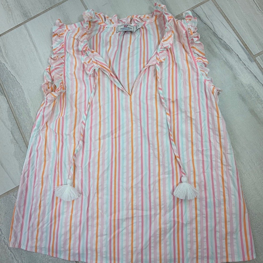 Vineyard Vines Performance Striped Ruffle Tassel Top Pink Orange Blue S 2W001553